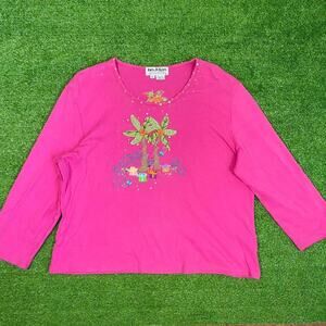 Vintage Jack B. Quick Women's XL‎ Pink Embellished Long Sleeve Palm Tree Retro